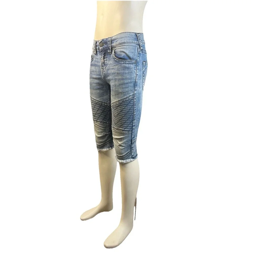 True Religion Geno Moto Shorts Men's 27 Blue Denim Chevron Stitch Raw Hem Biker